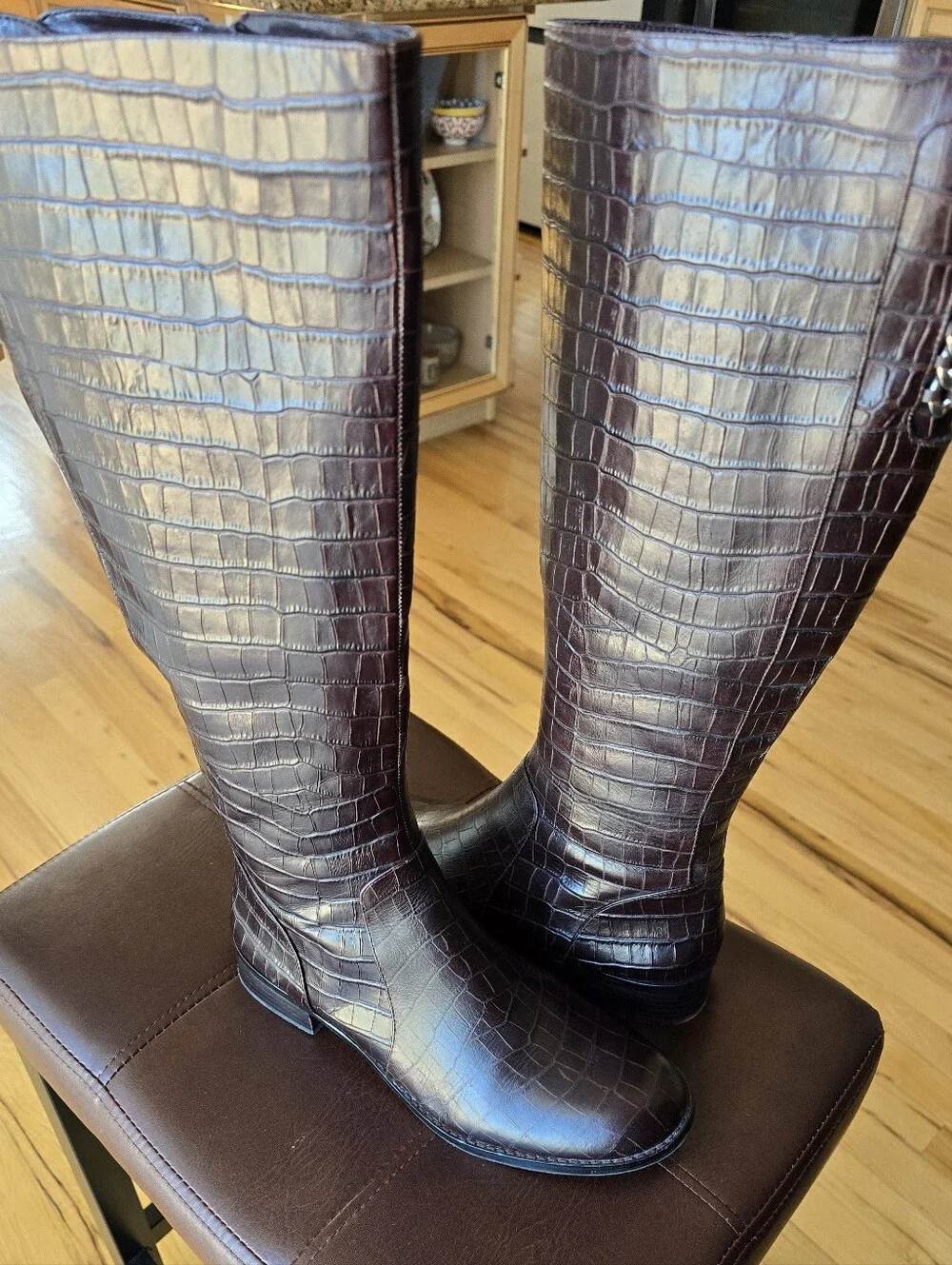 ANTONIO MELANI Croc-Embossed Knee High Boots in Dark Brown Size 8